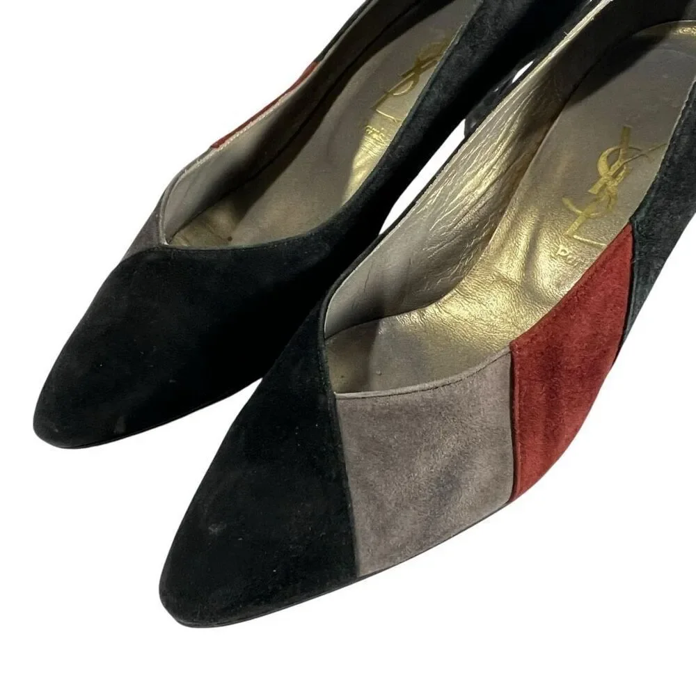 Yves Saint Laurent Black Gray & Red Suede Pumps Heels Sz6 Vintage